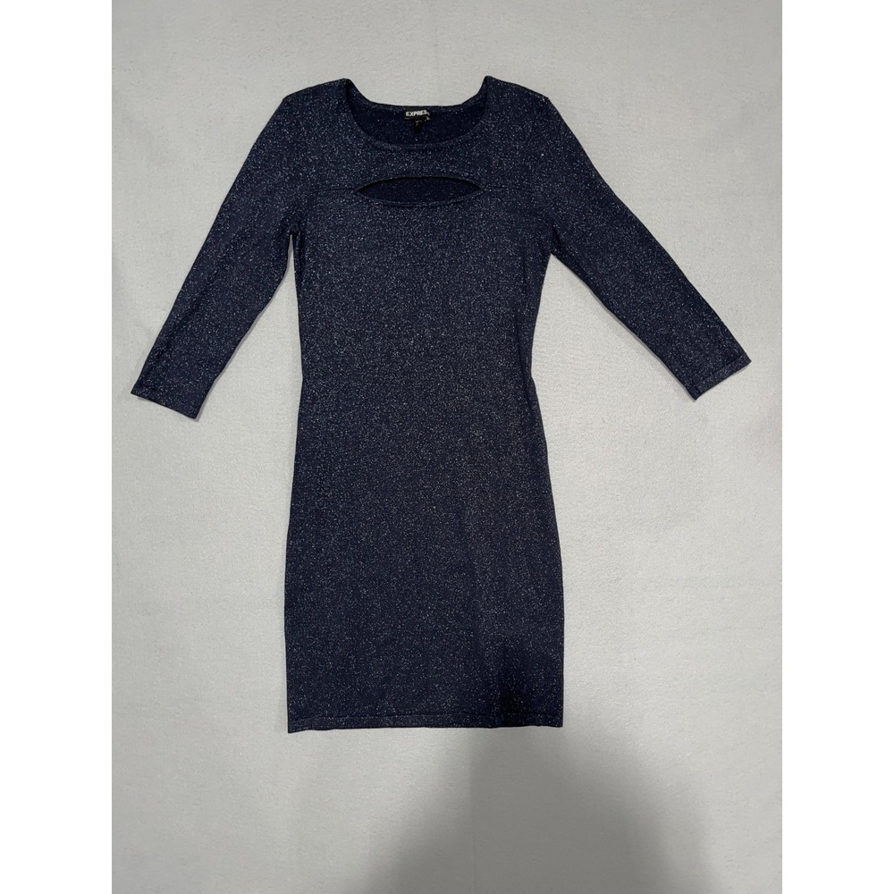 Express Sparkle Metallic Bodycon Dress Womens‎ Small Navy Blue Stretch Cut Out